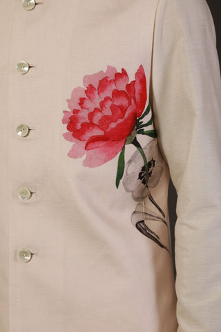 Rohit Bal-Ivory Floral Linen Bundi-INDIASPOPUP.COM