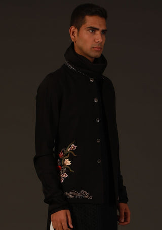 Rohit Bal-Black Floral Nehru Jacket-INDIASPOPUP.COM