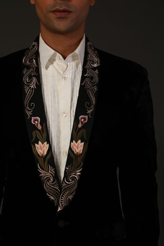 Rohit Bal-Black Floral Embroidery Tuxedo Jacket-INDIASPOPUP.COM