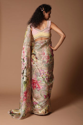 Rohit Bal-Ivory Print Saree With Blouse-INDIASPOPUP.COM