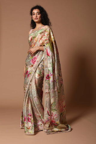 Rohit Bal-Ivory Print Saree With Blouse-INDIASPOPUP.COM