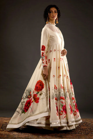 Rohit Bal-Ivory Chanderi Silk Printed Anarkali Set-INDIASPOPUP.COM