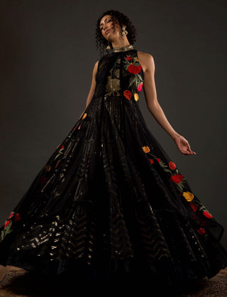 Rohit Bal-Black Embroidered Jacket Anarkali Set-INDIASPOPUP.COM