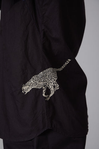 Balance By Rohit Bal-Black Poplin Cheetah Embroidered Shirt-INDIASPOPUP.COM