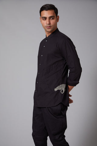 Balance By Rohit Bal-Black Poplin Cheetah Embroidered Shirt-INDIASPOPUP.COM