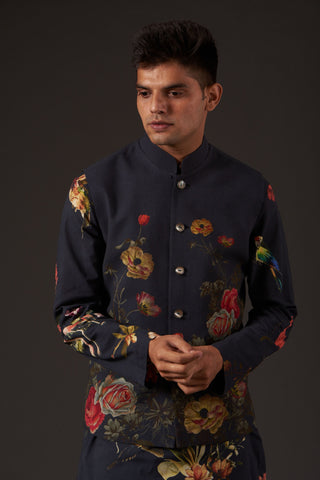 Balance By Rohit Bal-Black Floral Digital Printed Bundi-INDIASPOPUP.COM