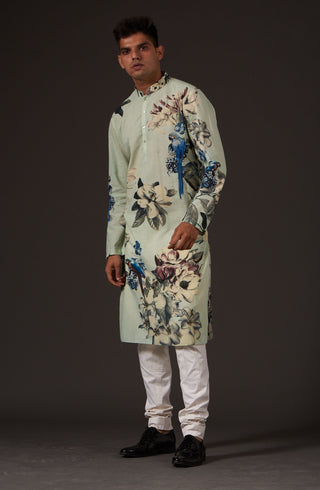 Balance By Rohit Bal-Sea Green Floral Digital Printed Kurta-INDIASPOPUP.COM