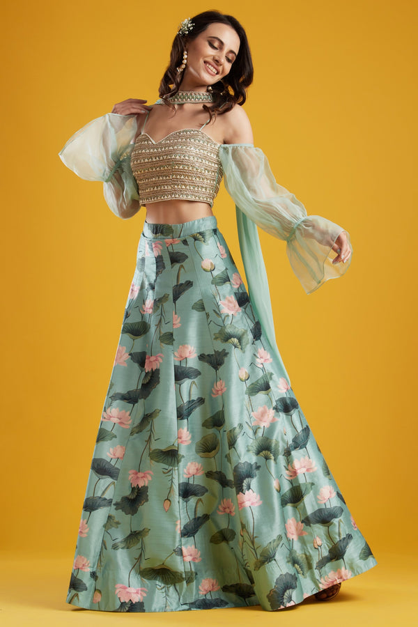 Aayushi Maniar-Aqua Printed Lehenga Set-INDIASPOPUP.COM