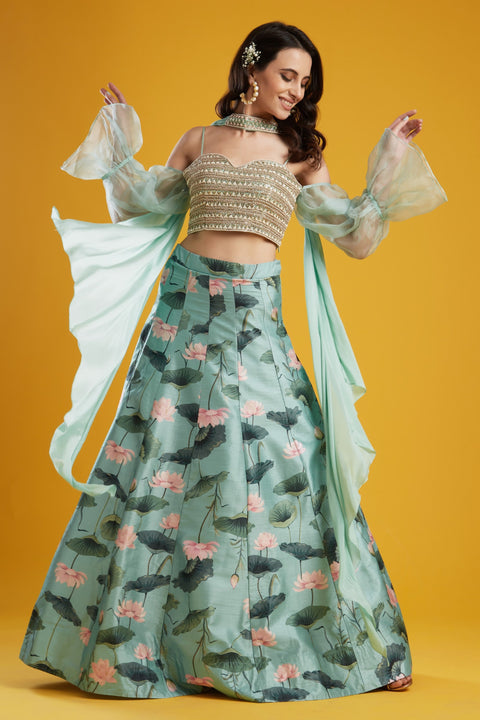 Aayushi Maniar-Aqua Printed Lehenga Set-INDIASPOPUP.COM