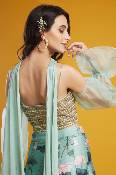 Aayushi Maniar-Aqua Printed Lehenga Set-INDIASPOPUP.COM