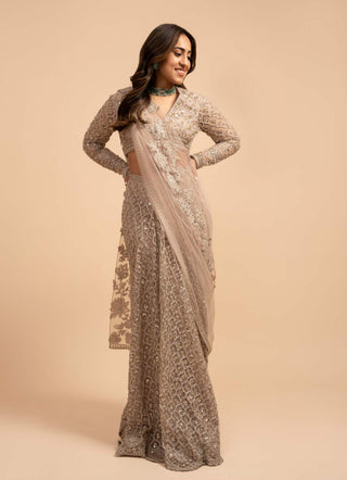 Ridhi Mehra-Maha Champagne Sari Skirt Set-INDIASPOPUP.COM