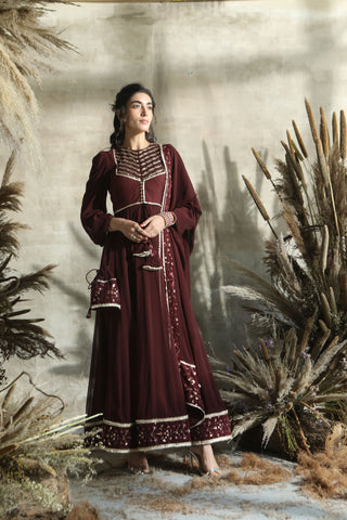 Turquoise By Rachit Khanna-Wine Anarkali Set-INDIASPOPUP.COM