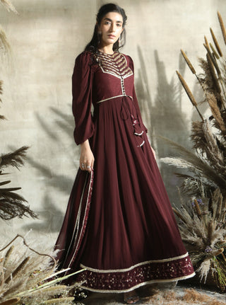 Turquoise By Rachit Khanna-Wine Anarkali Set-INDIASPOPUP.COM