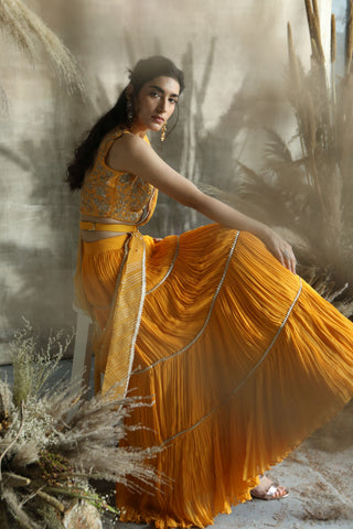 Turquoise By Rachit Khanna-Yellow Crinkled Skirt Set-INDIASPOPUP.COM