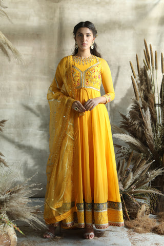 Turquoise By Rachit Khanna-Yellow Anarkali Set-INDIASPOPUP.COM