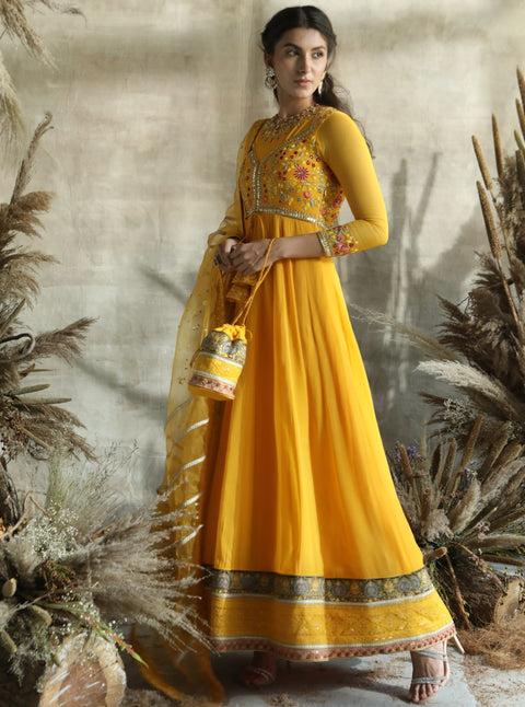 Turquoise By Rachit Khanna-Yellow Anarkali Set-INDIASPOPUP.COM