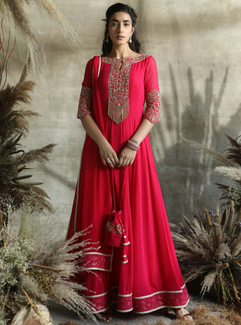 Turquoise By Rachit Khanna | Hot Pink Anarkali Set | INDIASPOPUP.COM