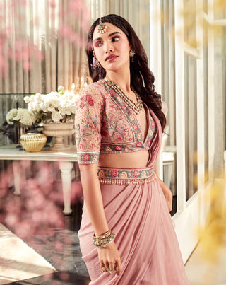 Ridhi Mehra-Cosmo Pink Embroidered Saree Set-INDIASPOPUP.COM