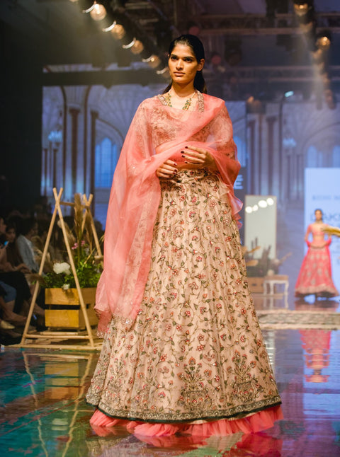 Ridhi Mehra - Champagne & Pink Embroidered Lehenga Set - INDIASPOPUP.COM