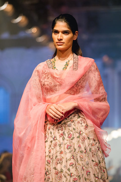 Ridhi Mehra - Champagne & Pink Embroidered Lehenga Set - INDIASPOPUP.COM