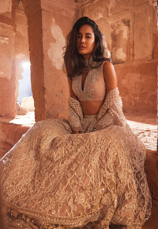 Ridhi Mehra-Heer Champagne Cape Lehenga Set-INDIASPOPUP.COM