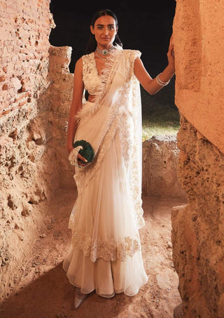 Ridhi Mehra-Ploma Ivory Draped Sari With Blouse-INDIASPOPUP.COM