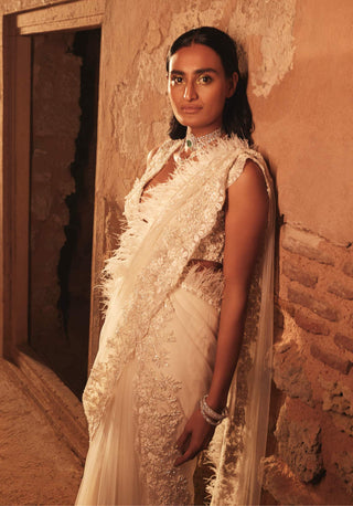 Ridhi Mehra-Ploma Ivory Draped Sari With Blouse-INDIASPOPUP.COM