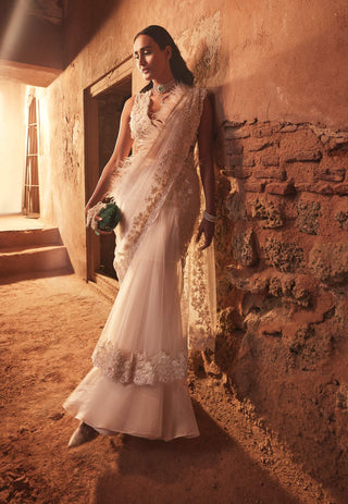 Ridhi Mehra-Ploma Ivory Draped Sari With Blouse-INDIASPOPUP.COM