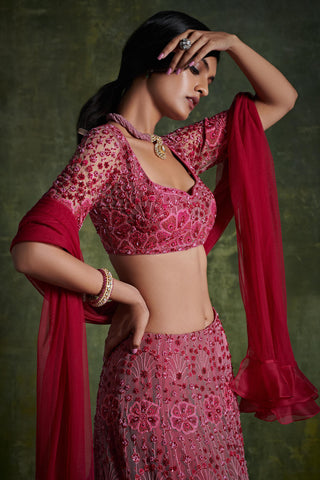 Ridhi Mehra-Deep Fuchsia Embroidered Lehenga Set-INDIASPOPUP.COM