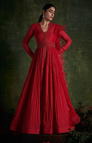 Ridhi Mehra-Hibiscus Red Embroidered Anarkali Set-INDIASPOPUP.COM
