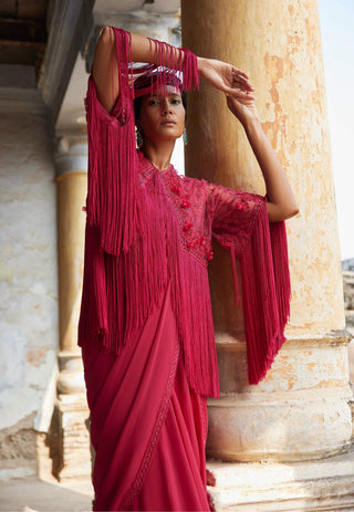 Ridhi Mehra-Ibaraat Fuchsia Embroidered Sari And Cape Set-INDIASPOPUP.COM