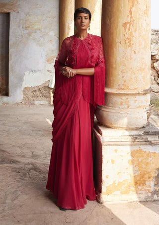 Ridhi Mehra-Ibaraat Fuchsia Embroidered Sari And Cape Set-INDIASPOPUP.COM