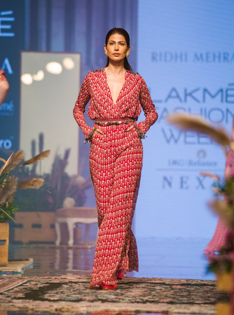 Ridhi Mehra-Red Jumpsuit With Belt-INDIASPOPUP.COM