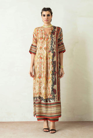 Rajdeep Ranawat-Beige Printed Kimono Tunic With Palazzo-INDIASPOPUP.COM