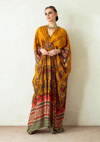 Rajdeep Ranawat-Mustard Kaftan With Embellished Belt-INDIASPOPUP.COM