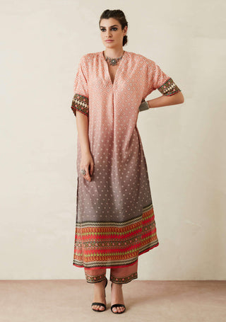 Rajdeep Ranawat-Peach Printed Kimono Tunic With Palazzo And Stole-INDIASPOPUP.COM