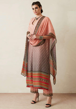 Rajdeep Ranawat-Peach Printed Kimono Tunic With Palazzo And Stole-INDIASPOPUP.COM