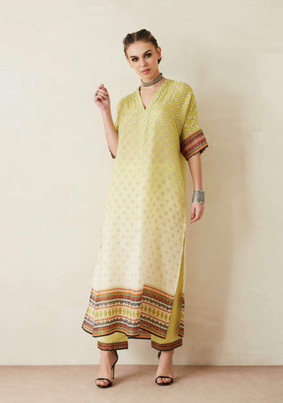 Rajdeep Ranawat-Lime Green Printed Kimono Tunic With Palazzo-INDIASPOPUP.COM