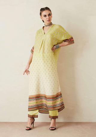 Rajdeep Ranawat-Lime Green Printed Kimono Tunic With Palazzo-INDIASPOPUP.COM
