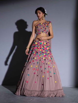 Rachit Khanna Turquoise-Dark Rosegold Crop Top With Skirt-INDIASPOPUP.COM