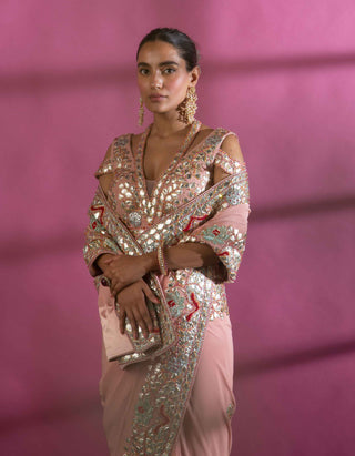 Rachit Khanna Turquoise-Bright Rosegold Georgette Saree Set-INDIASPOPUP.COM
