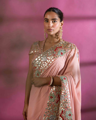 Rachit Khanna Turquoise-Bright Rosegold Georgette Saree Set-INDIASPOPUP.COM