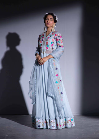 Rachit Khanna Turquoise-Ice Blue Georgette Anarkali Set-INDIASPOPUP.COM