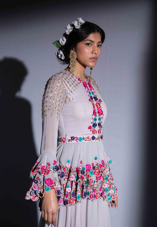 Rachit Khanna Turquoise-Grey Embroidered Peplum Anarkali Set-INDIASPOPUP.COM