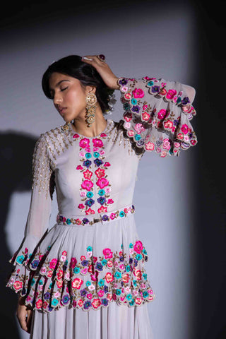 Rachit Khanna Turquoise-Grey Embroidered Peplum Anarkali Set-INDIASPOPUP.COM