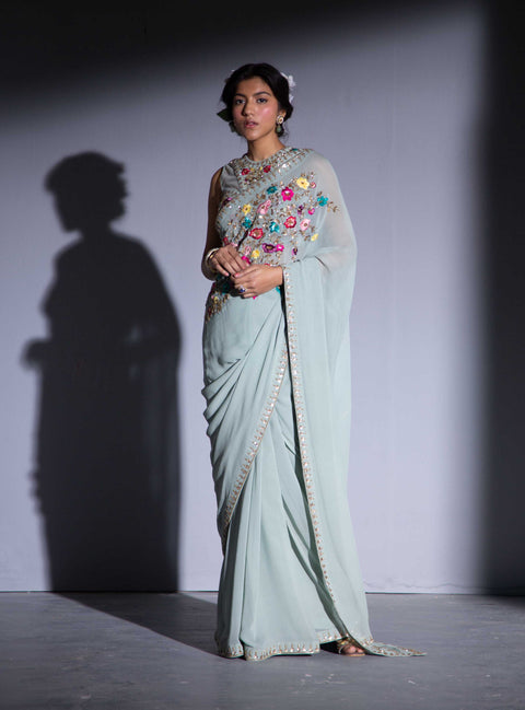 Rachit Khanna Turquoise-Ice Blue Georgette Saree Set-INDIASPOPUP.COM