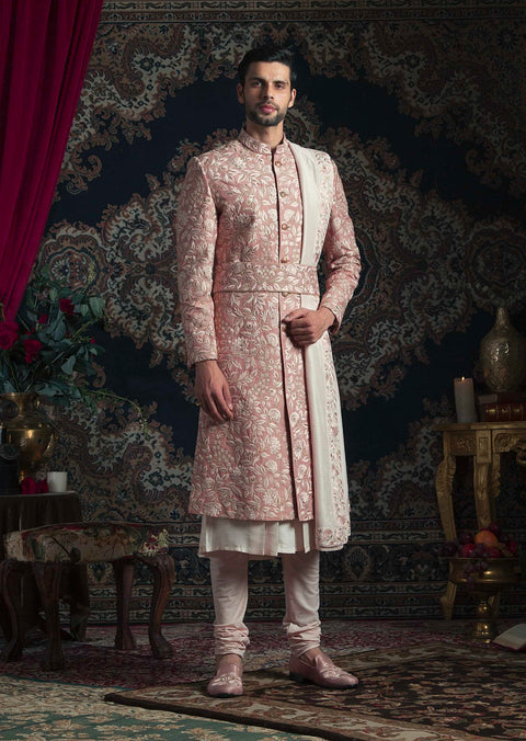 Rachit Khanna Turquoise-Pink Leaf Shaded Sherwani Set-INDIASPOPUP.COM