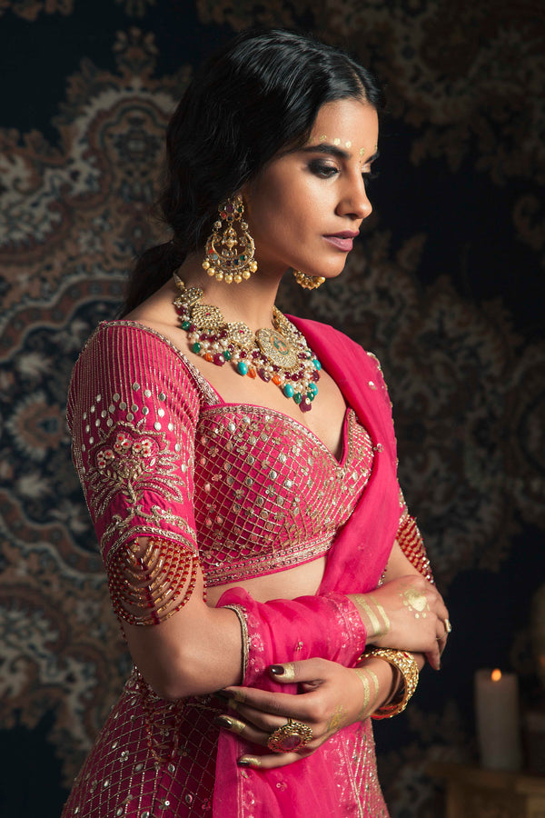 Rachit Khanna Turquoise-Hot Pink Fuljhadil Lehenga Set-INDIASPOPUP.COM