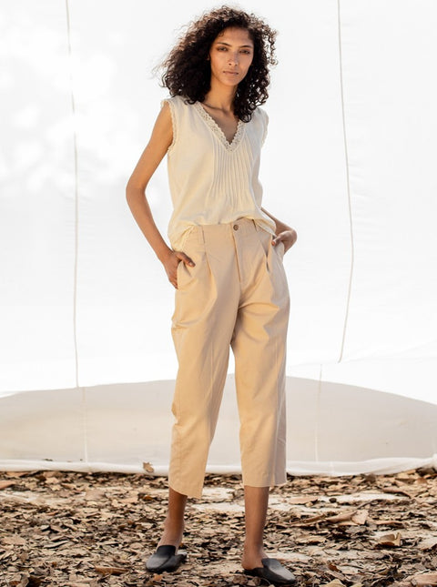 Khara Kapas-Ivory & Beige Crop Top With Pants-INDIASPOPUP.COM