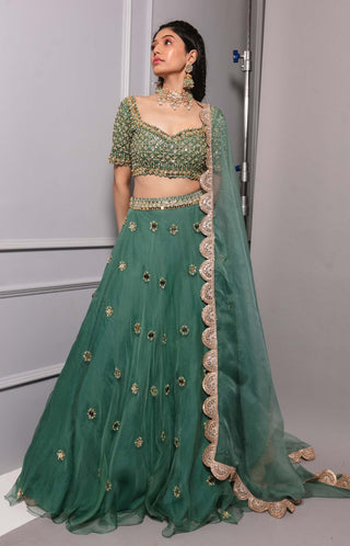 Ria Shah-Teal Green Embroidered Lehenga Set-INDIASPOPUP.COM